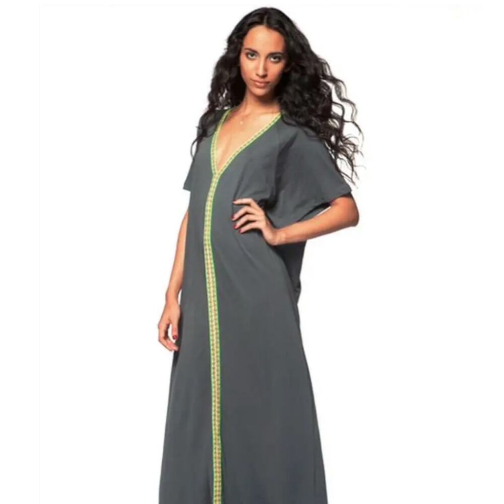 nwot PITUSA Dress O-S Black Neon-Green/Yellow-Orange-Trim Pima-Cotton Maxi”Abaya